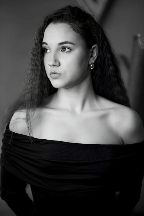 Free A classic black and white portrait capturing the elegance of a woman in a dark off-shoulder dress. Stock Photo