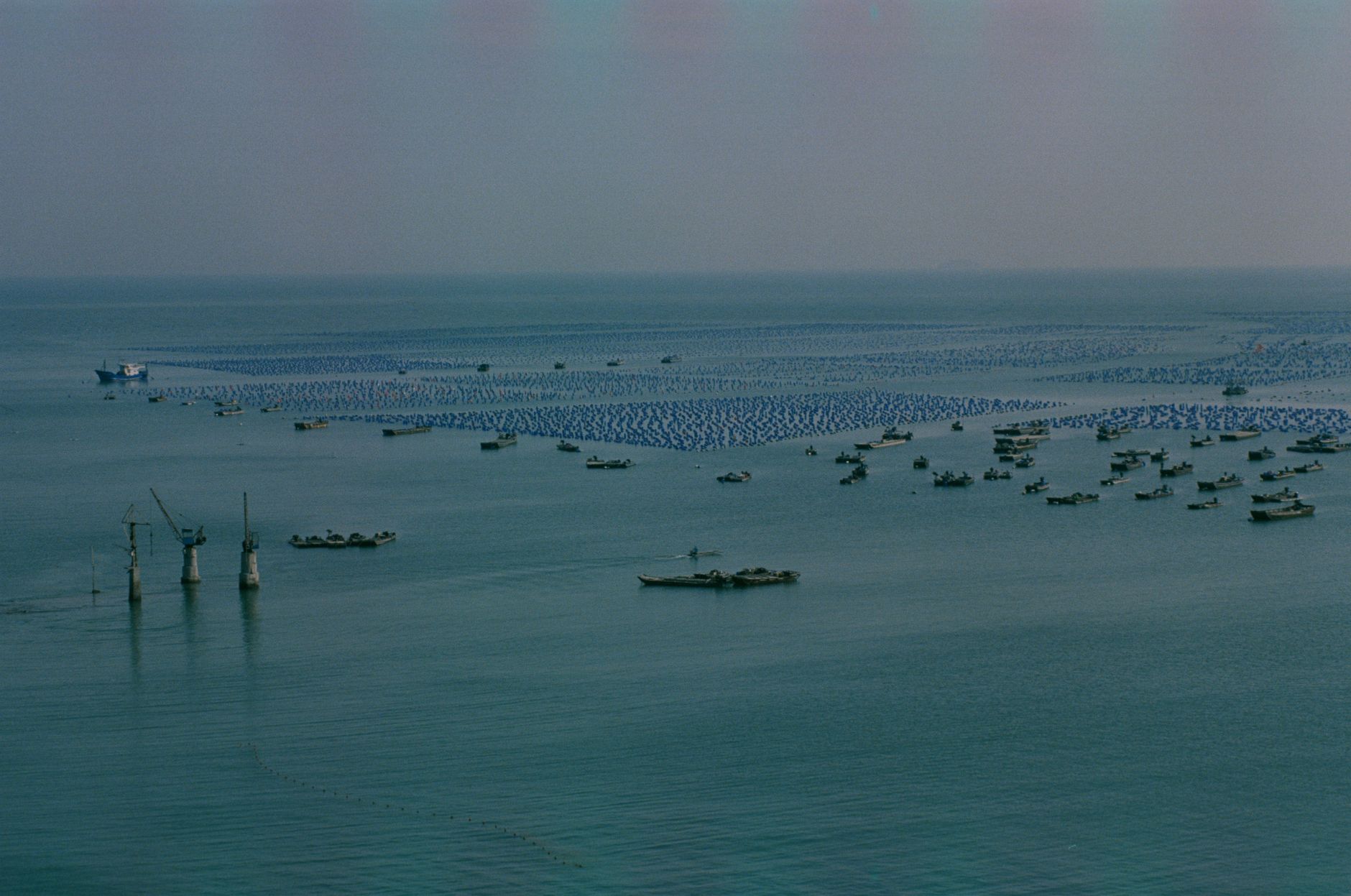 Aerial shot of multiple fishing boats and structures in a vast open sea, depicting a serene marine landscape.