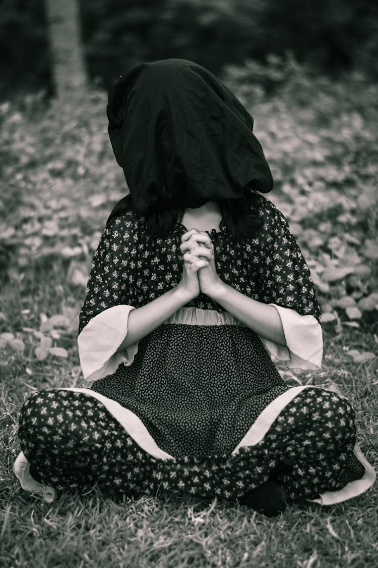 Woman Covered With Black Textile On Head