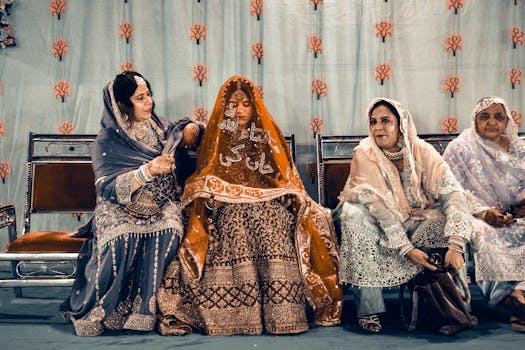 A traditional Indian wedding ceremony in Ahmedabad with beautifully dressed women in intricate attire.