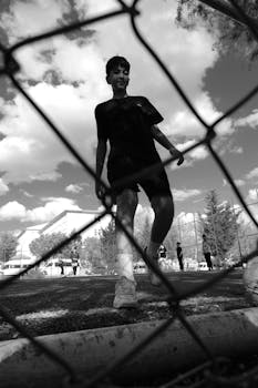 Teenagers playing soccer in an urban park setting, captured through a fence in black and white.