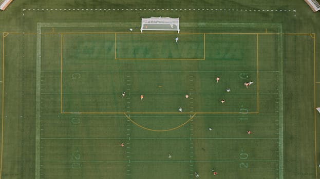 Aerial photo of players on a soccer field in Chattanooga, Tennessee, showcasing the sport from above.