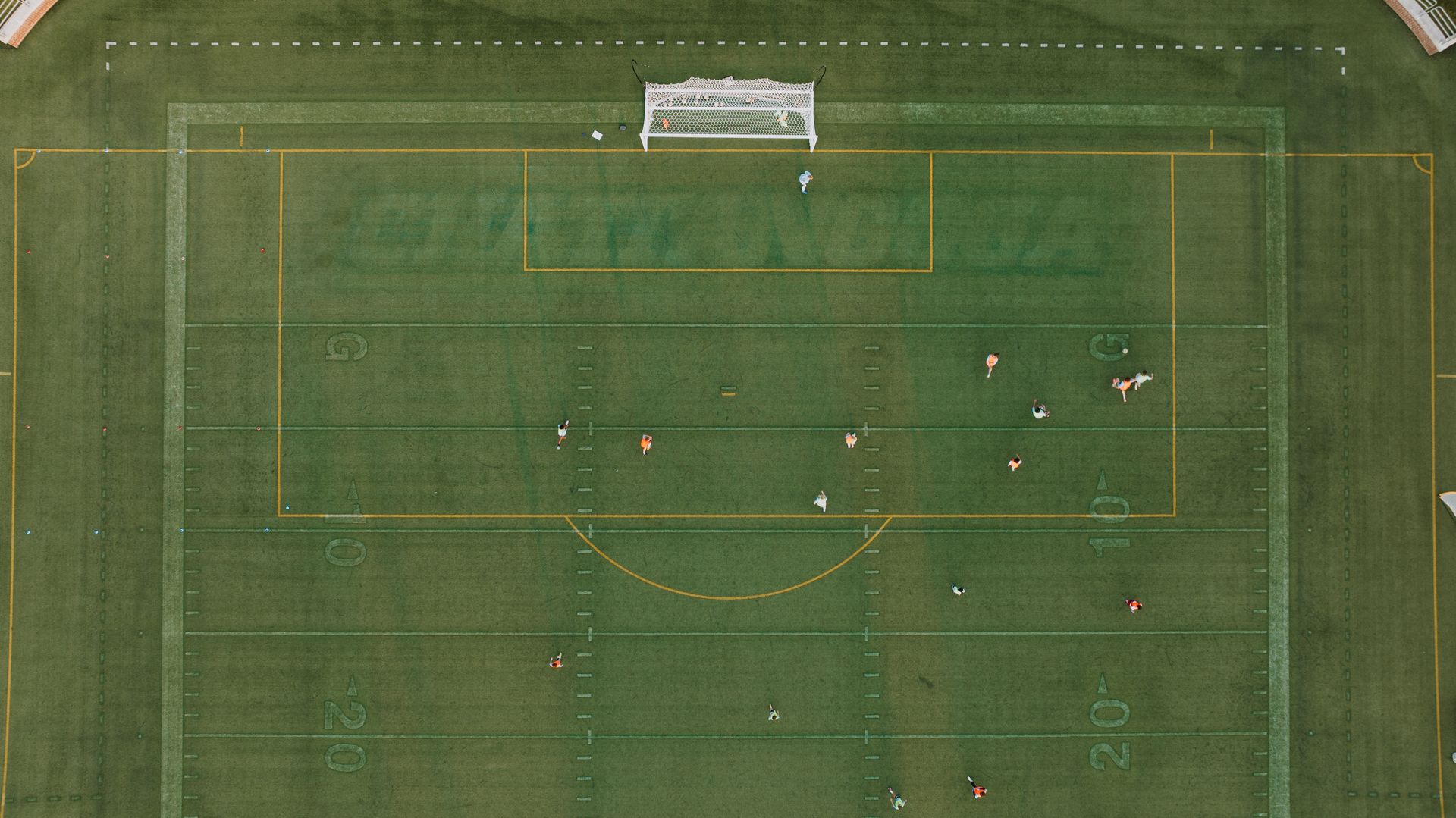 Aerial photo of players on a soccer field in Chattanooga, Tennessee, showcasing the sport from above.