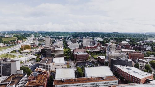 Free Aerial photography of downtown Chattanooga, Tennessee showcasing urban layout and architecture. Stock Photo