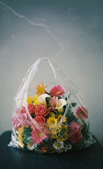 A colorful floral arrangement in a plastic bag against a neutral backdrop. Perfect for creative projects.