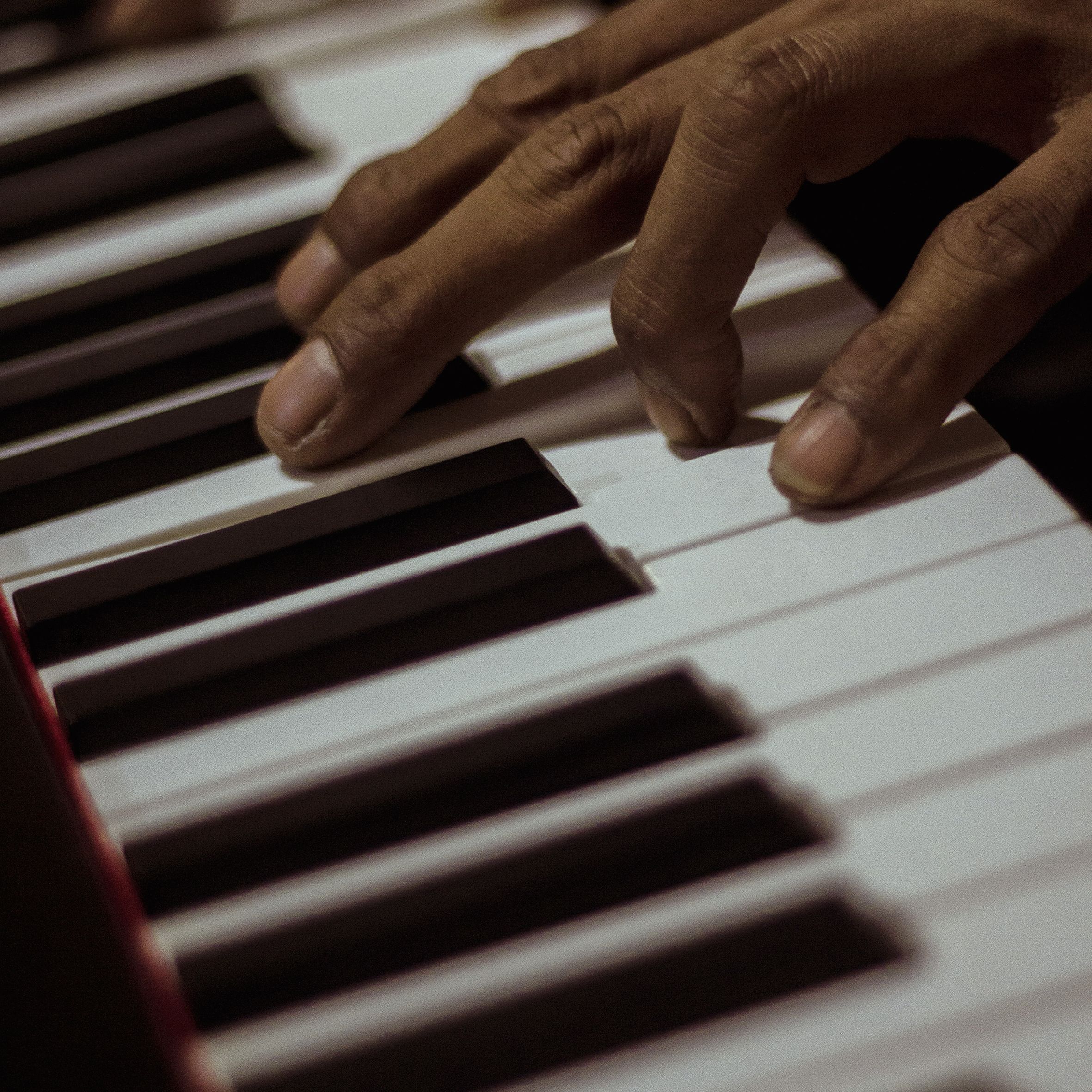 A detailed view of fingers playing a piano, capturing the elegance of musical performance.