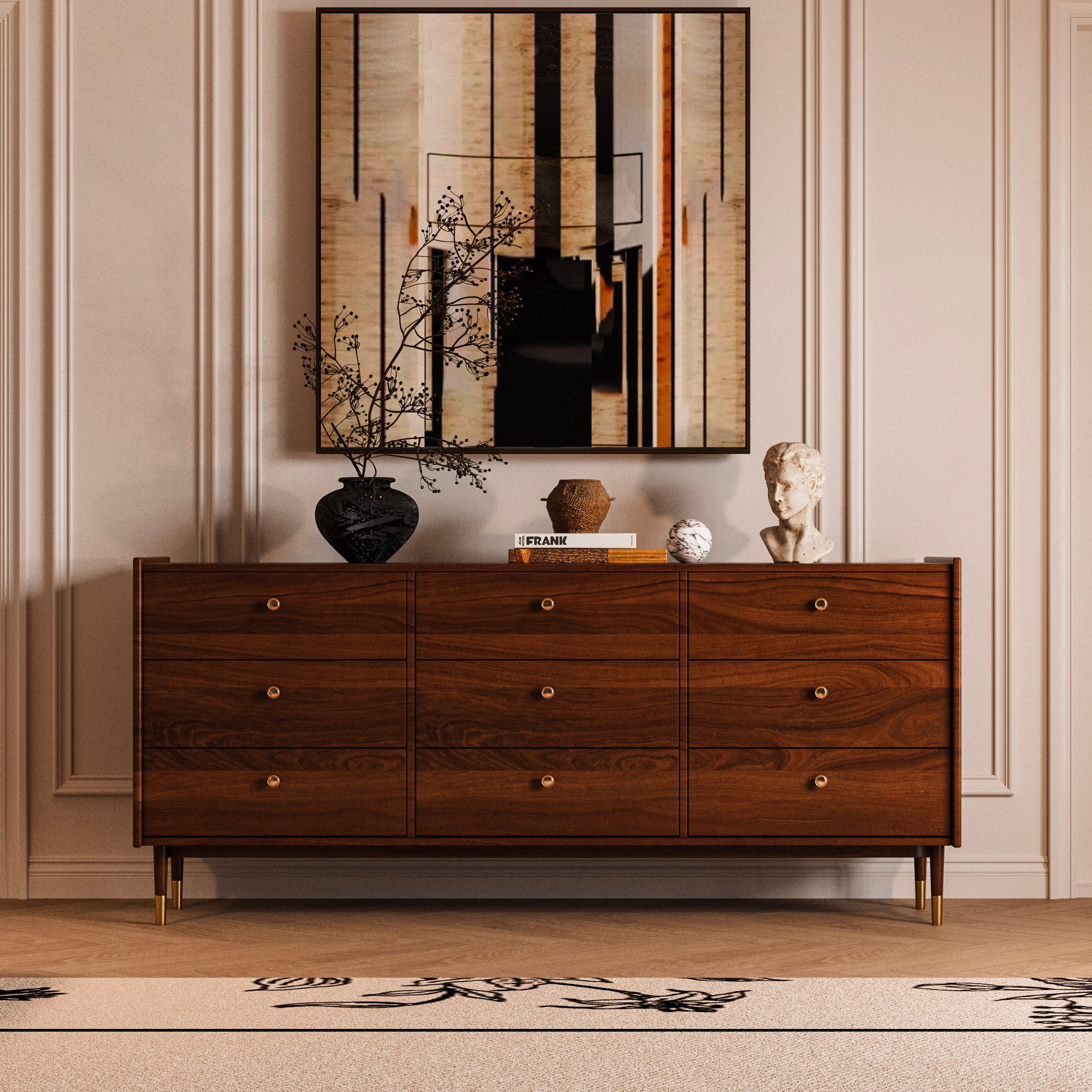 Stylish mid-century modern living room with wooden sideboard and abstract art, perfect for interior design inspiration.