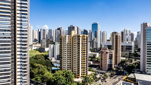 Free Aerial view of the modern skyscrapers in Londrina, Brazil, under clear blue skies. Stock Photo