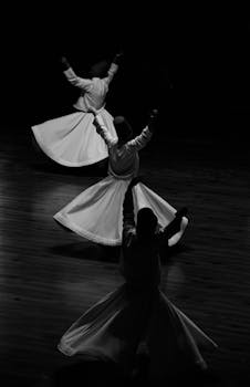 Black and white photo of Sufi whirling dervishes in Konya, embodying spirituality and tradition.