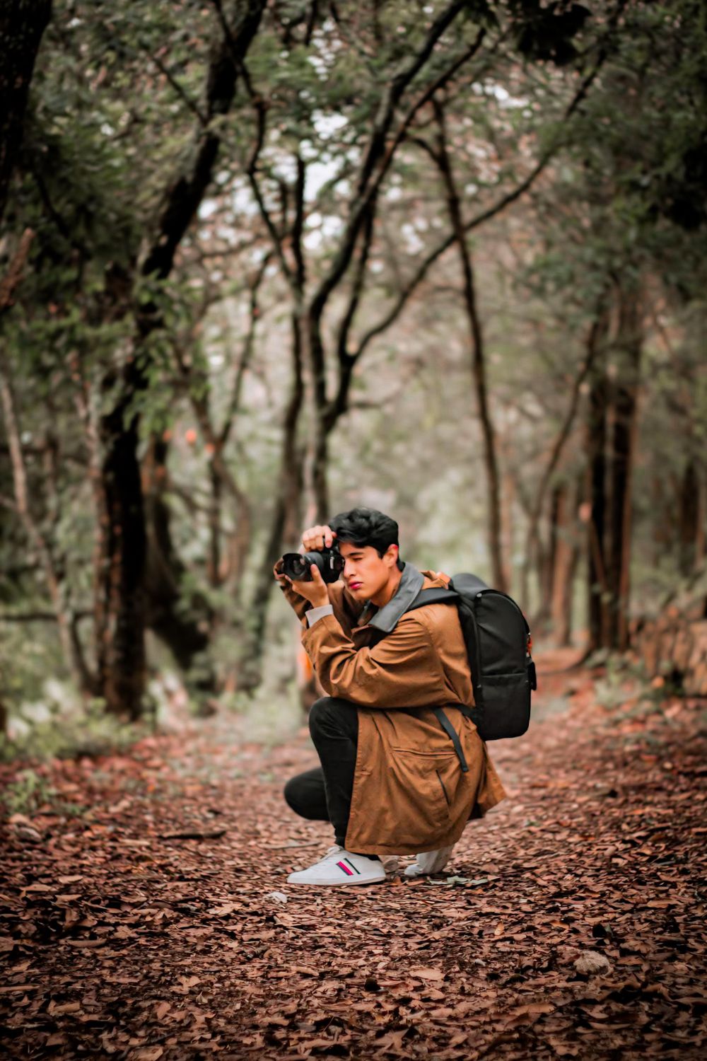 Young Photographer Exploring Autumn Forest Path · Free Stock Photo