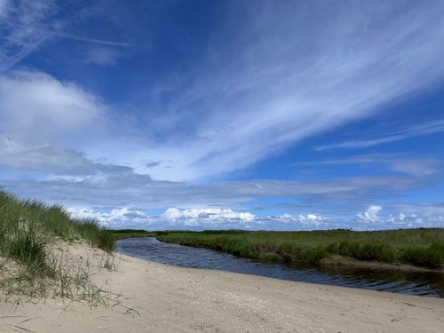 Free Peaceful coastal scene with sand dunes and blue sky on a sunny day. Stock Photo