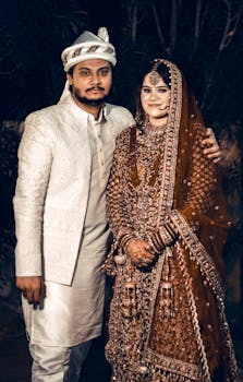 Beautiful portrait of a South Asian wedding couple in traditional attire, celebrating their special day.