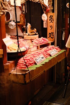 Vibrant street market stall showcasing an array of fresh seafood in an authentic setting.