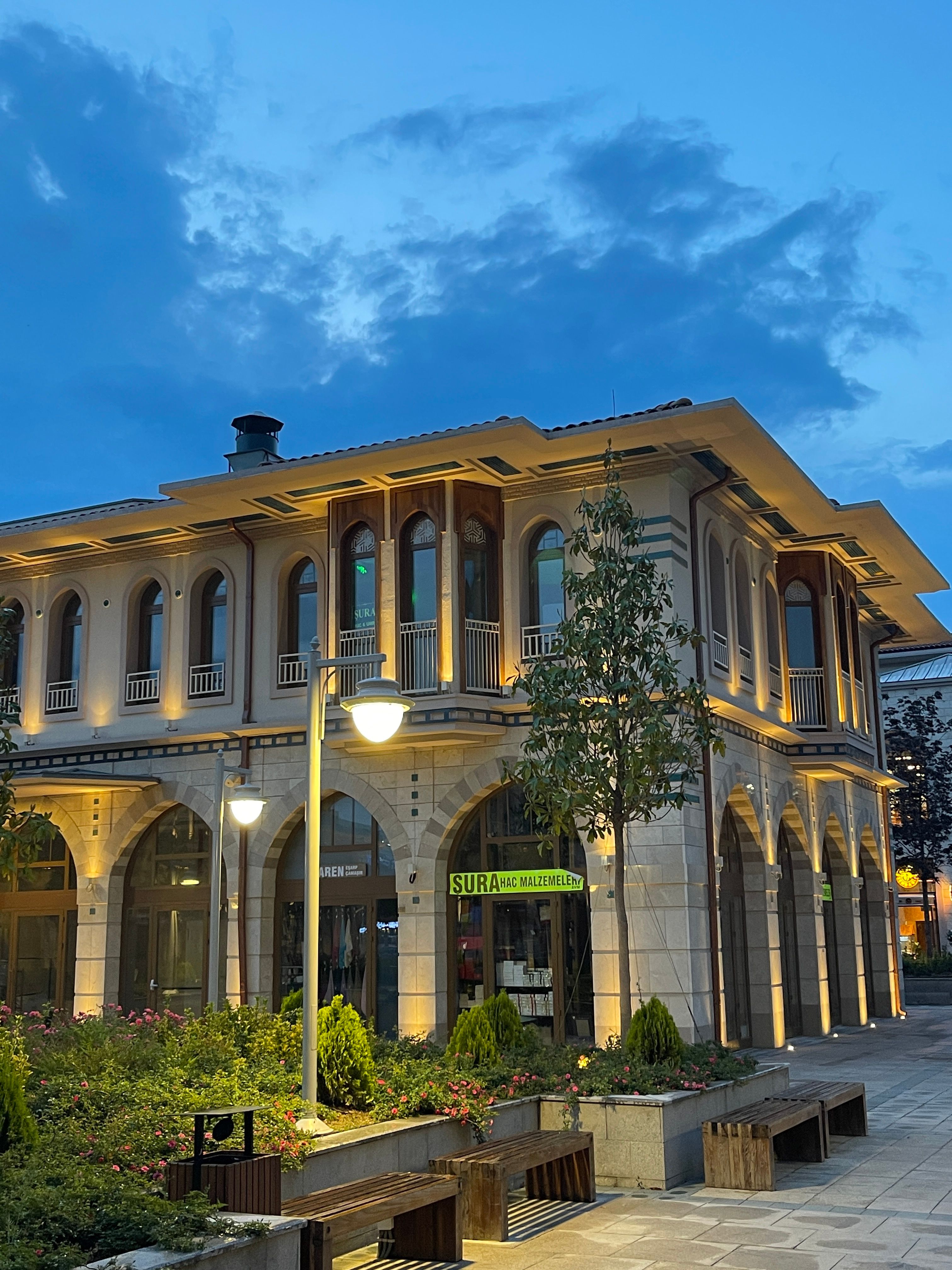 Elegant building in Konya captured beautifully at twilight, showcasing its stunning architecture.