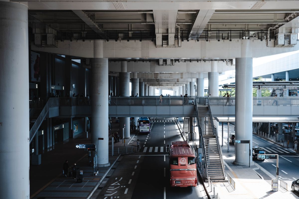 Airport terminal architecture above a walkway