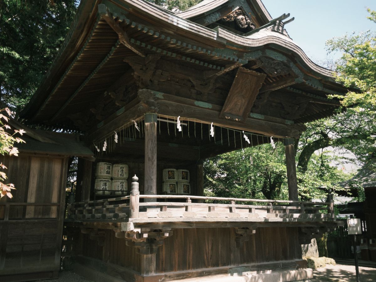 Traditional Japanese temple stone path flanked by cedar trees and stone lanterns in forest
