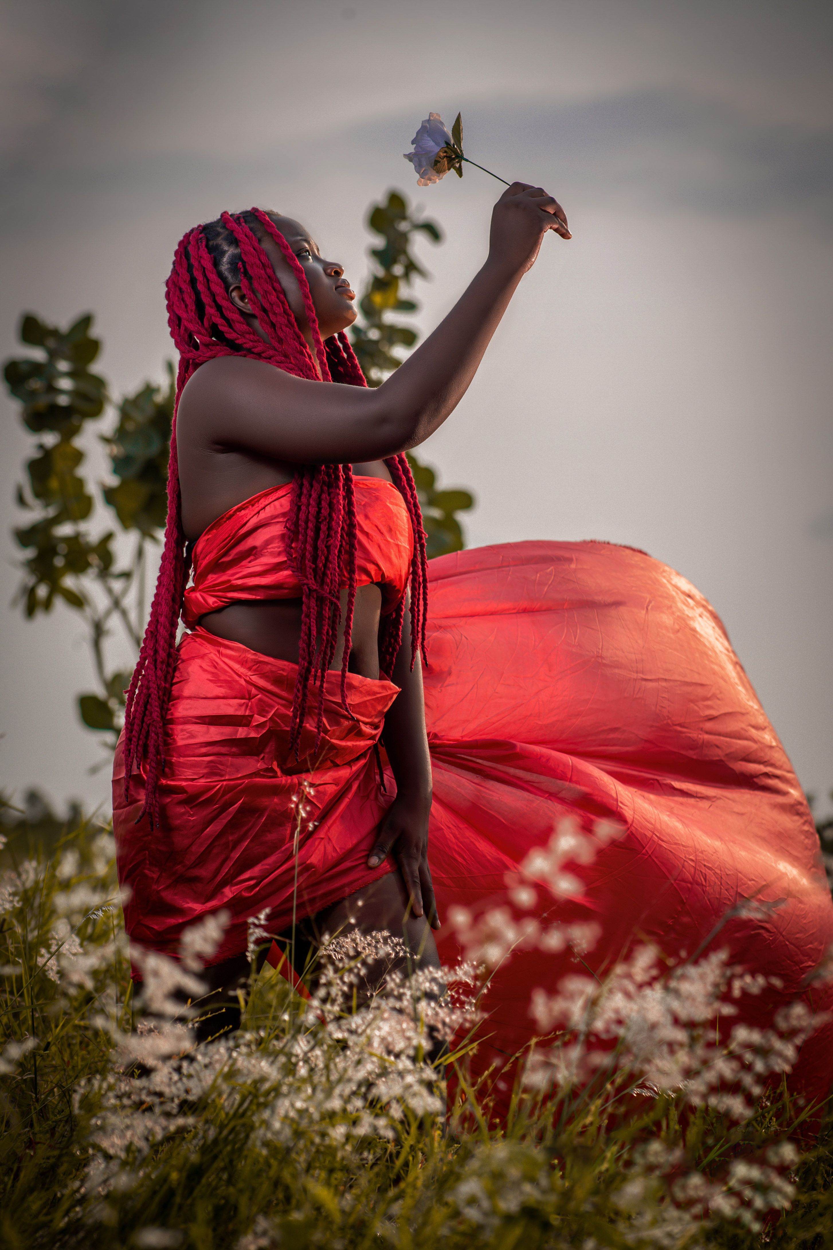 A woman in a vibrant red dress with braided hair holds a flower in an outdoor setting.