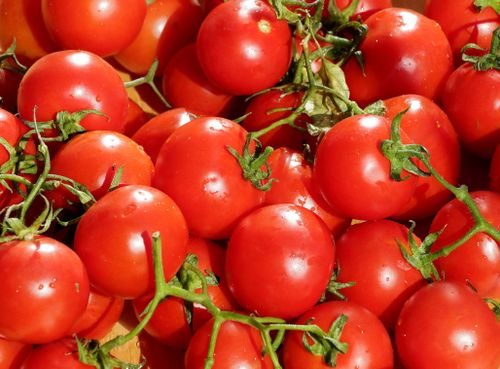 Free Close-up of vibrant red cherry tomatoes with green stems, ideal for cooking. Stock Photo
