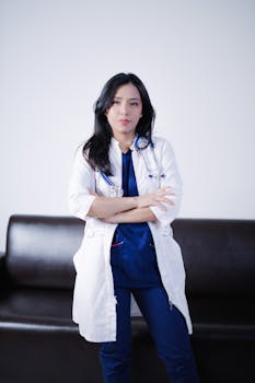 A confident female doctor with crossed arms standing in a medical office, exuding professionalism.