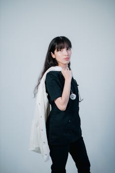 Portrait of a female doctor in black scrubs and holding a stethoscope, standing confidently.