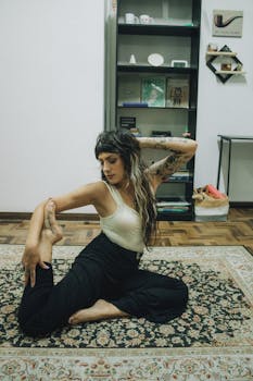A young woman performs a yoga pose on a rug in a living room, showcasing flexibility and concentration.