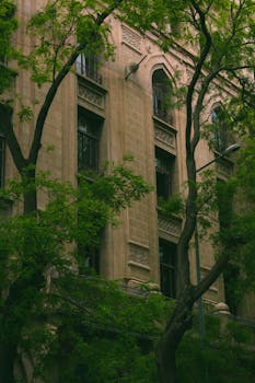 A historic building facade in Ankara, Türkiye surrounded by vibrant green trees.