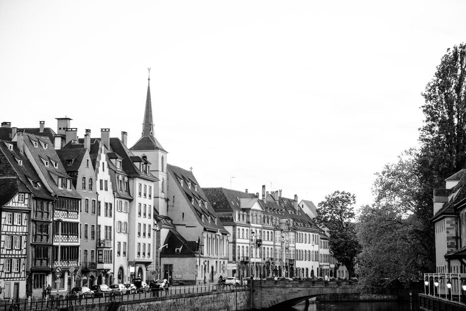 Historic architecture of Strasbourg captured in black and white, showcasing its timeless charm.