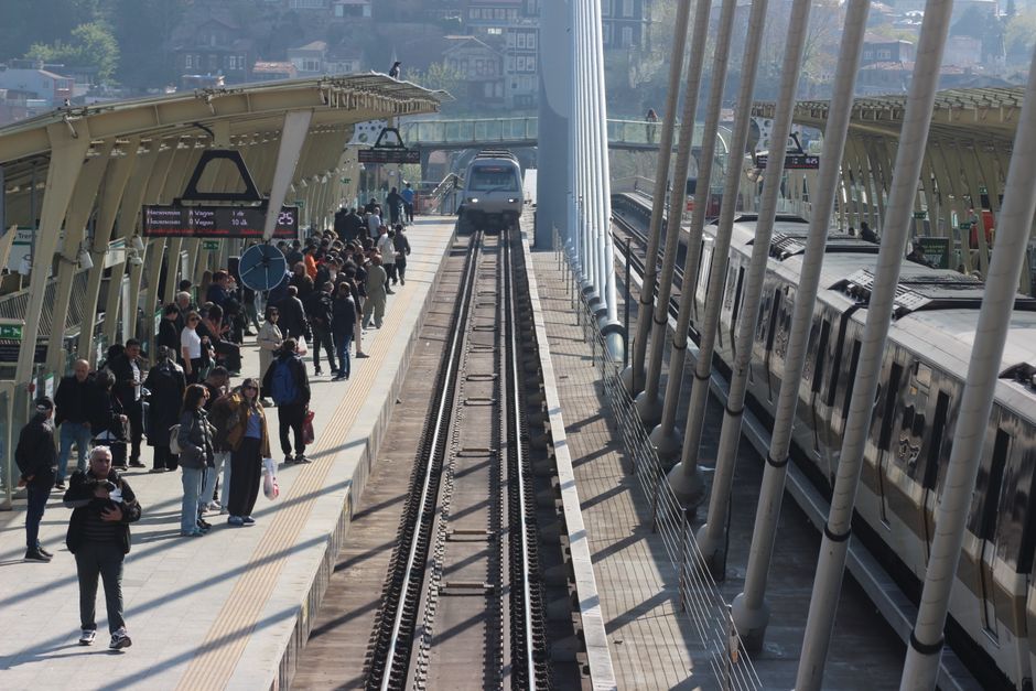 Modern metro train at a station in Porto, Portugal