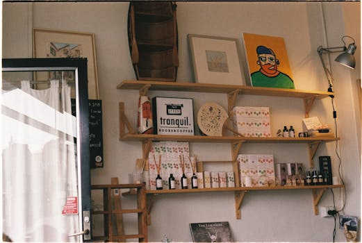 Artistic interior of a Melbourne store with a cozy, tranquil vibe, featuring shelves of books and coffee.