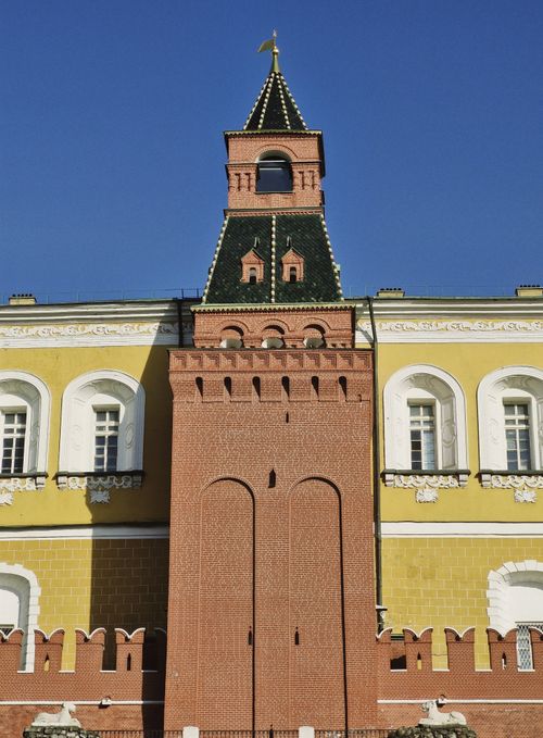 Free Detailed view of Ivanovskaya Tower in the iconic Kremlin, Moscow. Bright day. Stock Photo
