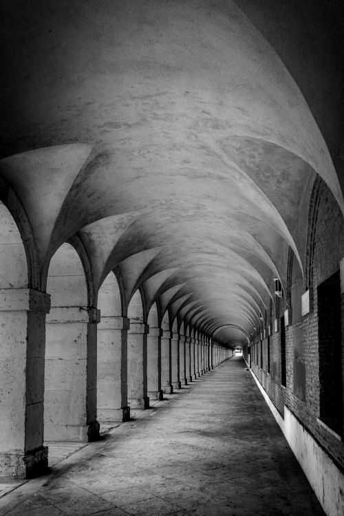 Free Explore this empty, eerie black and white arched hallway indoors. Stock Photo