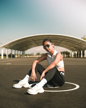 Young athletic woman sitting on outdoor court, urban style.