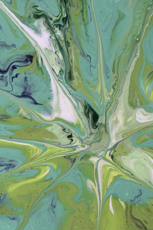 Free Dynamic abstract painting with flowing green and blue swirls on canvas. Stock Photo