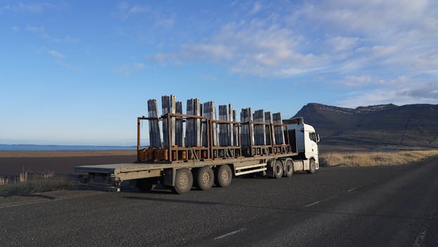 A truck carrying metal cargo on a scenic Icelandic road with mountains in the backdrop.