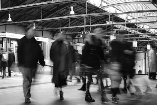 Black and white image of blurred commuters at Basel train station capturing motion and daily life.