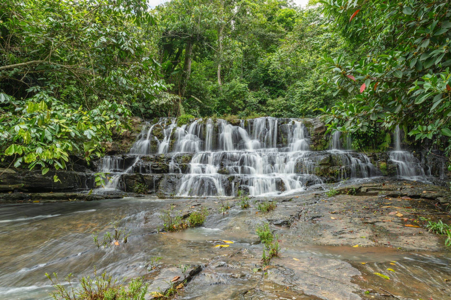 Beautiful cascading waterfall surrounded by lush green rainforest in Costa Rica.