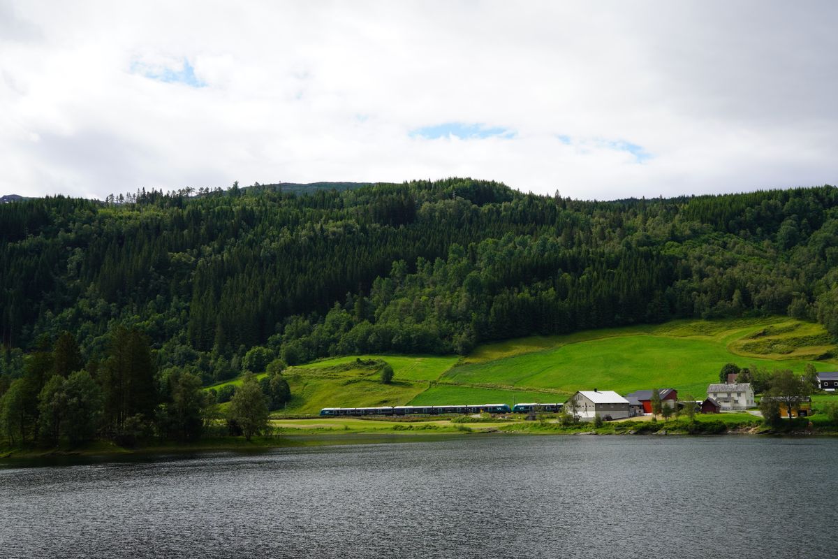 A train crossing a green landscape with hills and a quiet lake in Norway