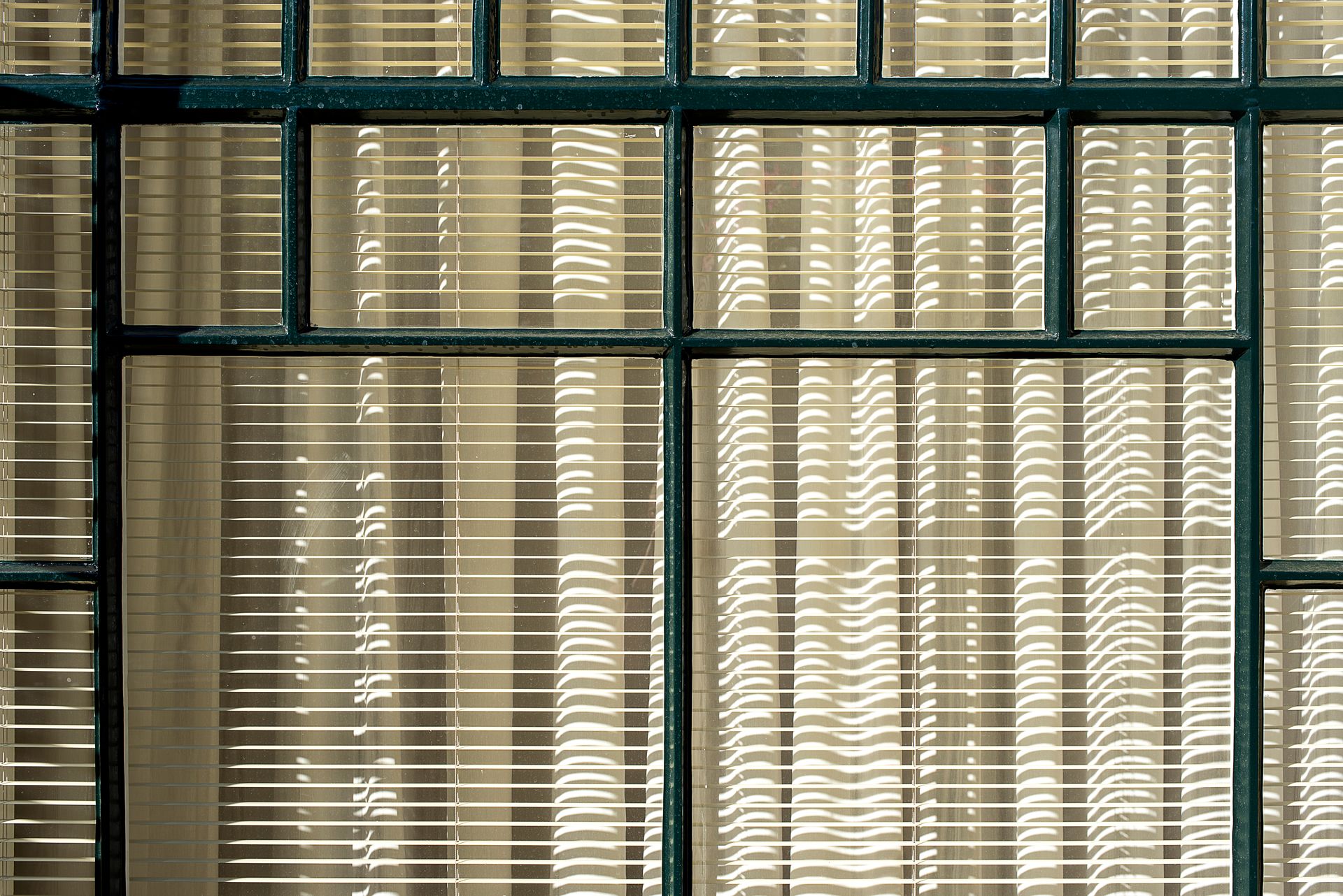 Aesthetic window with blinds and shadows creating an intricate pattern.