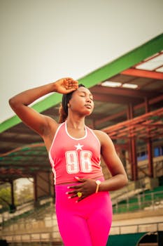 Young woman in athletic pose outdoors at a stadium in vibrant pink sportswear, exuding energy and style.