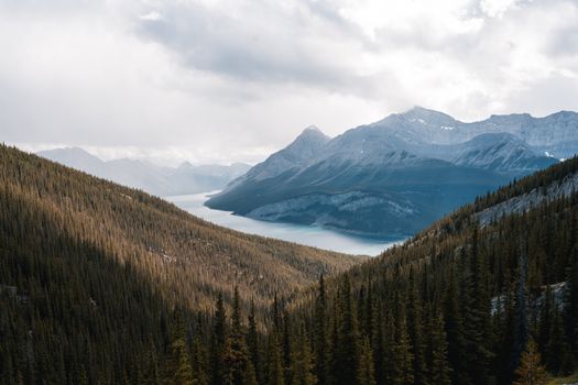 Breathtaking view of Jasper National Park with alpine mountains and lake, Alberta, Canada.