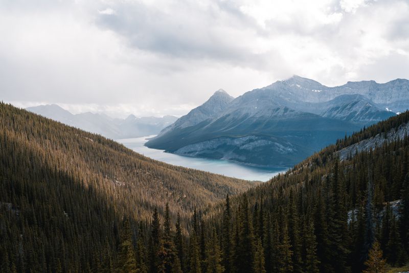 Breathtaking view of Jasper National Park with alpine mountains and lake, Alberta, Canada.
