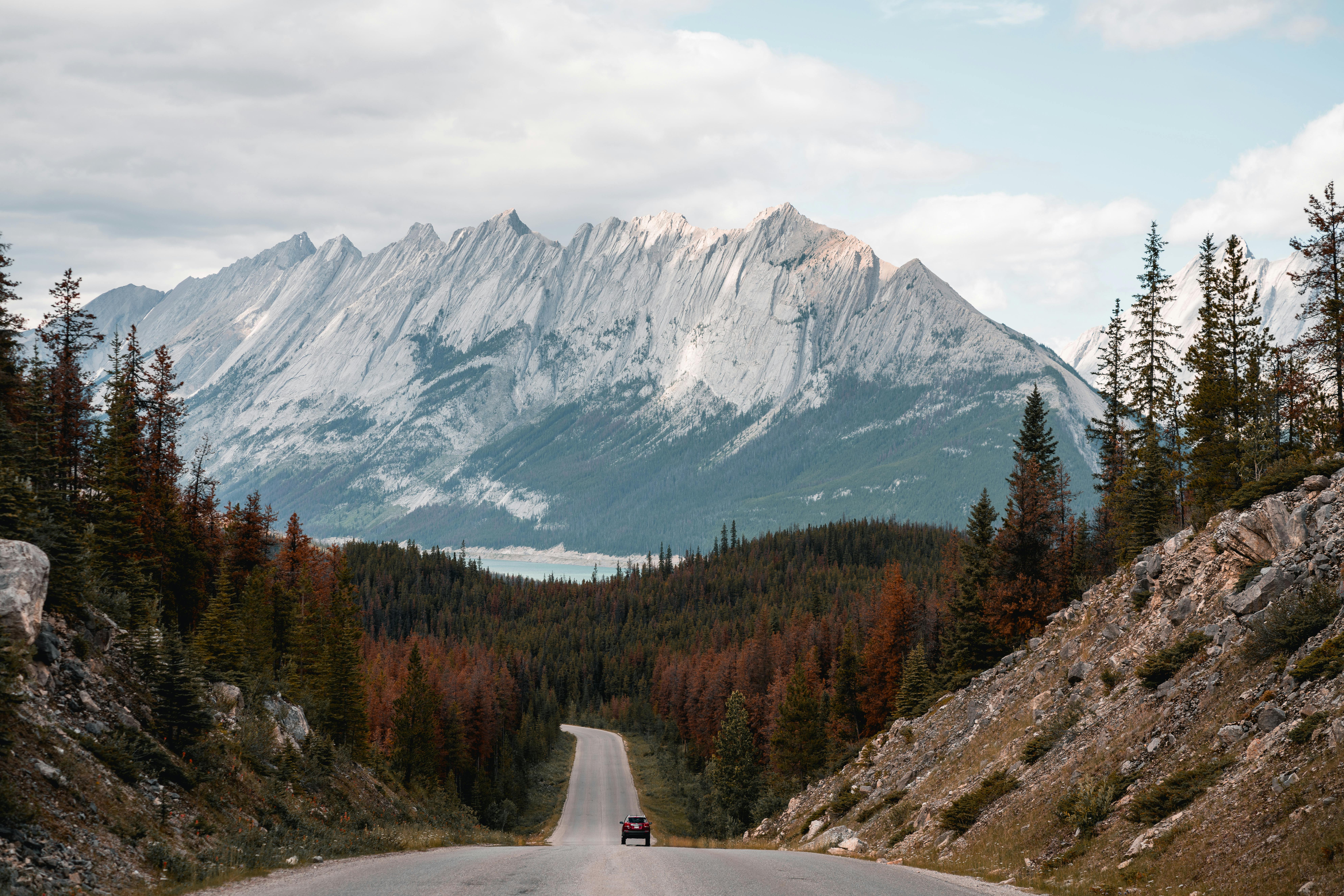 Stunning view of a road leading to mountains in Jasper National Park, Alberta.