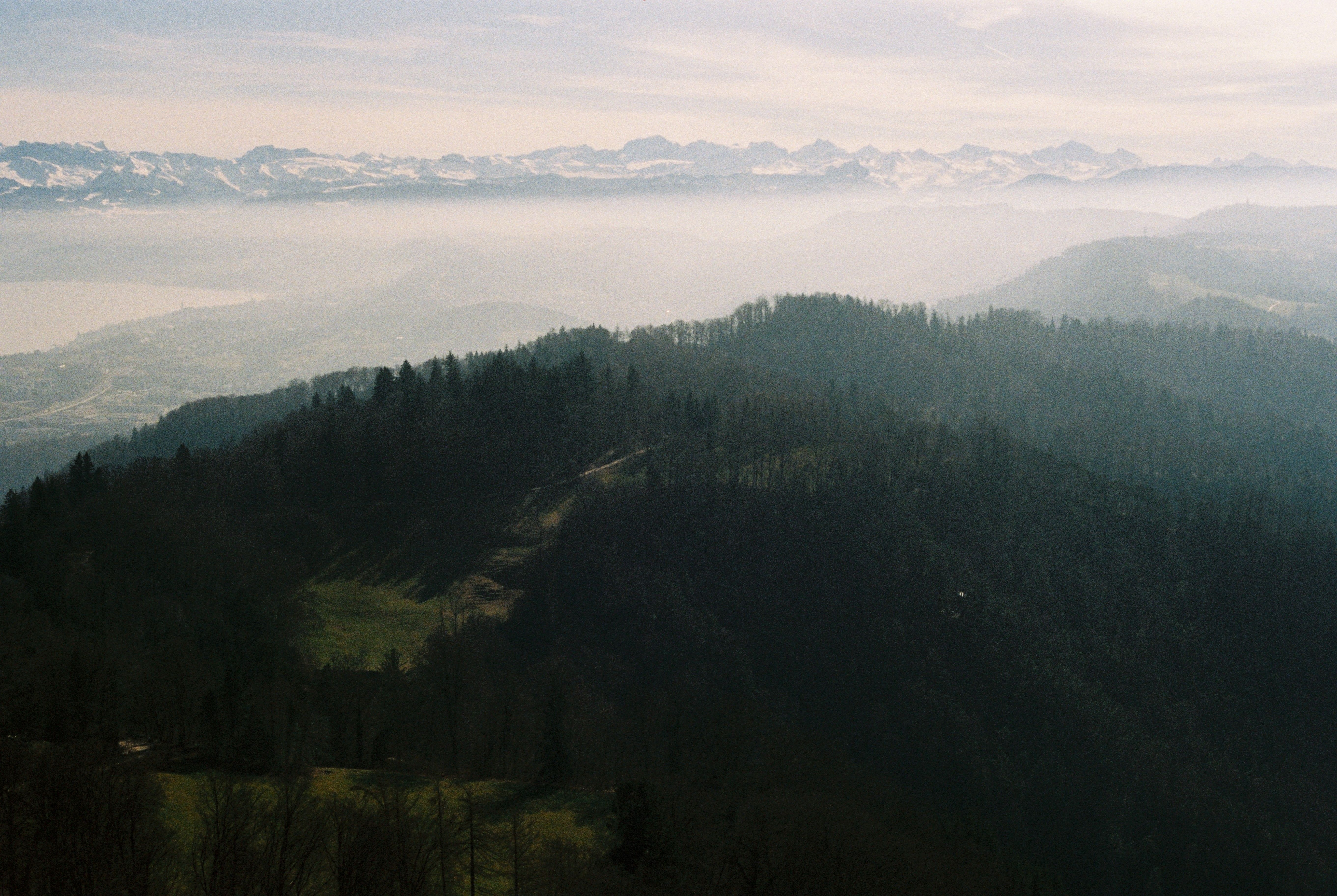 A stunning view of the misty alpine mountains in Switzerland, showcasing layers of forested hills and snow-covered peaks.