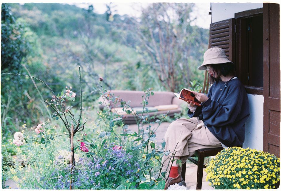 Woman reading book outside, surrounded by flowers and nature's tranquility.