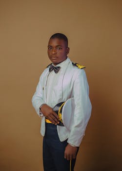 Portrait of a young man in a formal white military uniform against a plain brown background.