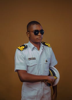 Navy officer in formal white uniform with cap and sunglasses, striking a confident pose.