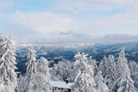 从高角度俯瞰，雪山景观令人惊叹，霜冻的松树点缀其间，远方的山谷若隐若现