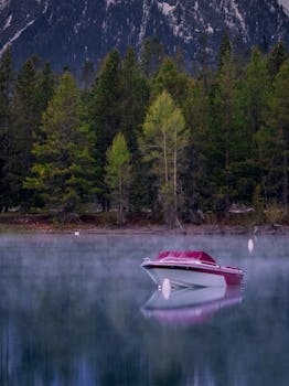 一艘红色的船静静地漂浮在朦胧的湖面上，湖的四周环绕着茂密的森林和雄伟的山脉