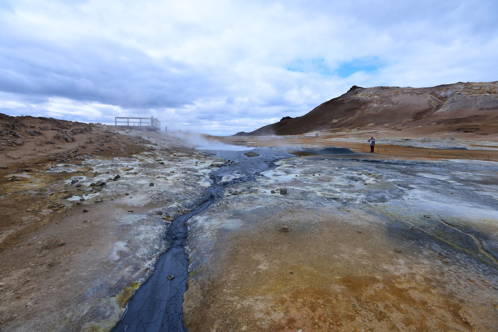 Wide view of Icelandic geothermal area featuring steaming ground and a flowing stream.