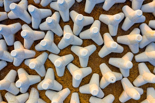 Aerial shot of concrete tetrapods for coastal protection in Jakarta.